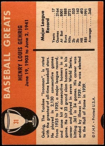 1961 Fleer 31 Lou Gehrig New York Yankees (Baseball Kártya) Dean Kártyák 5 - EX Yankees