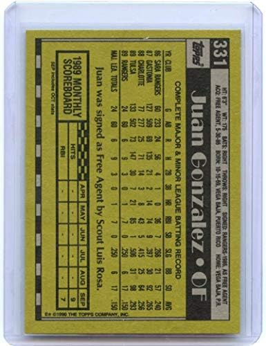 1990 Topps 331 Juan Gonzalez Menta Baseball, MLB RC Újonc Rangers