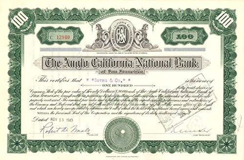 Angol Kaliforniai Nemzeti Bank of San Francisco - Raktáron Bizonyítvány