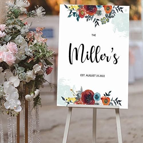 Üdvözöljük Az Esküvő Egyedi Név Dátum Fa Esküvői Üdvözlő Táblát, Akvarell Rózsa Virág Teal Vissza Festék